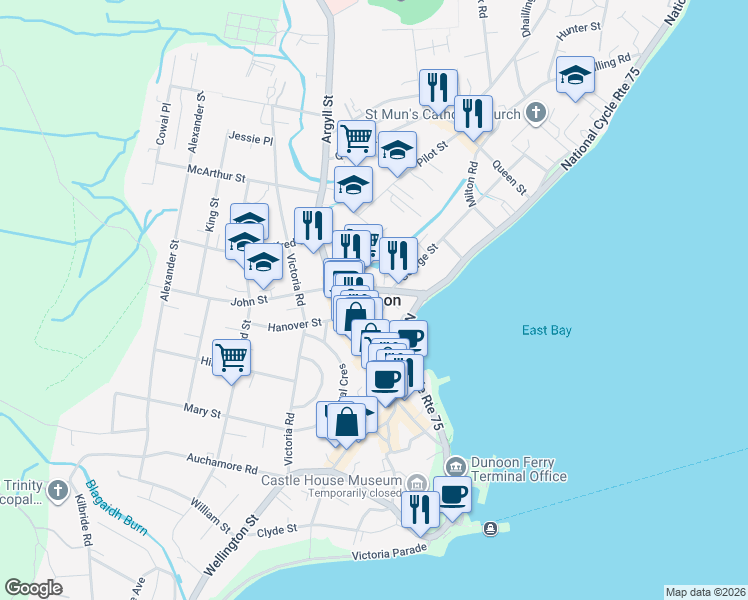 map of restaurants, bars, coffee shops, grocery stores, and more near in Dunoon
