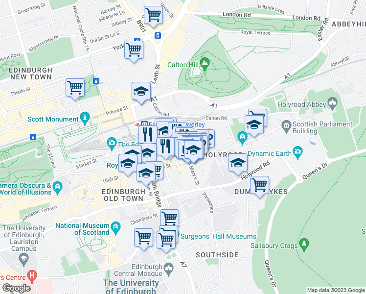 map of restaurants, bars, coffee shops, grocery stores, and more near in Edinburgh