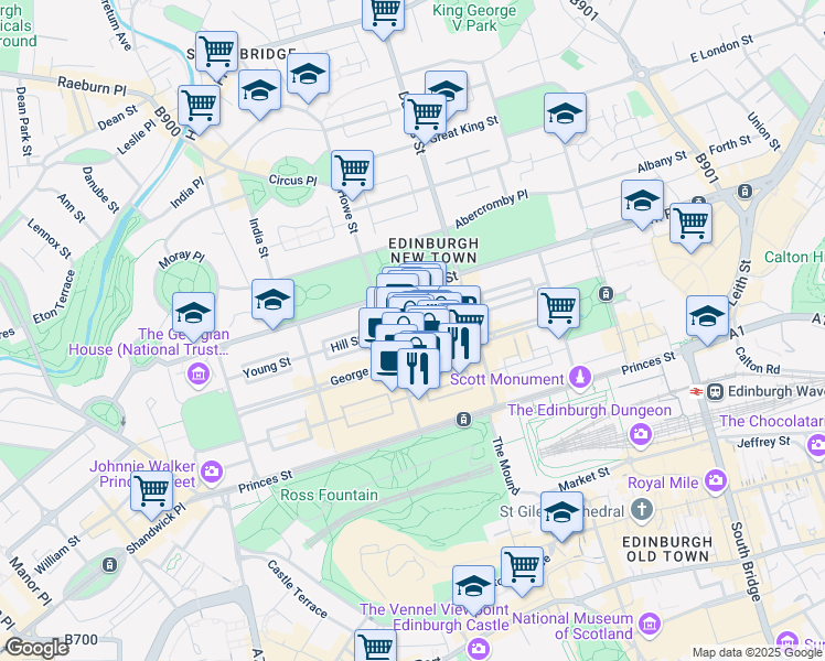 map of restaurants, bars, coffee shops, grocery stores, and more near 119 Thistle Street in Edinburgh