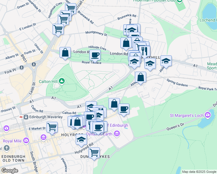 map of restaurants, bars, coffee shops, grocery stores, and more near 26 Regent Terrace in Edinburgh