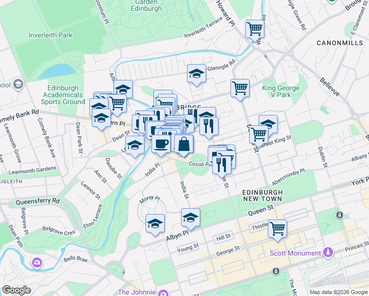map of restaurants, bars, coffee shops, grocery stores, and more near 10A Circus Lane in Edinburgh