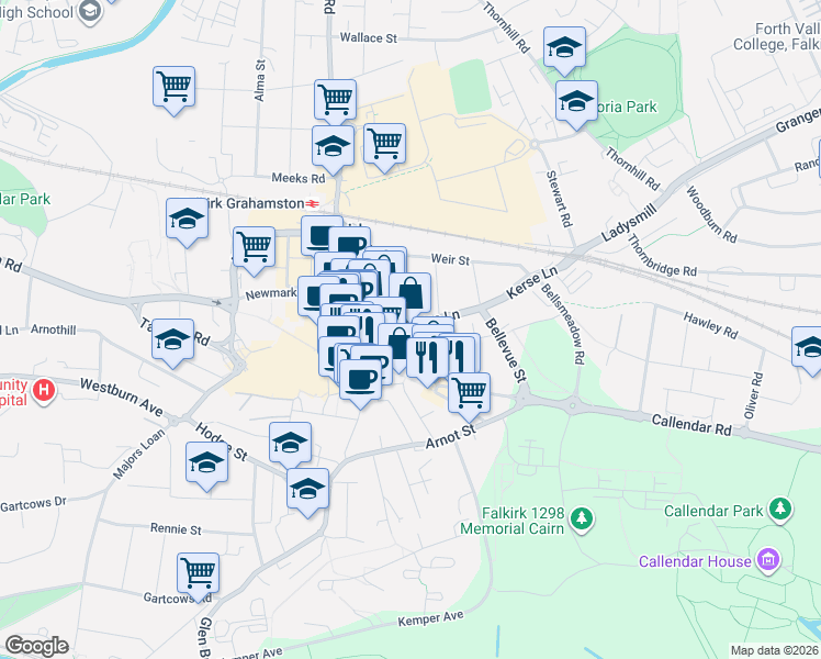 map of restaurants, bars, coffee shops, grocery stores, and more near Callendar Riggs in Falkirk