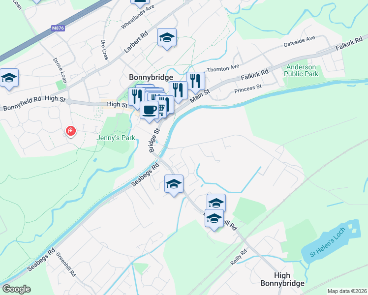 map of restaurants, bars, coffee shops, grocery stores, and more near 104 Bonnymuir Place in Falkirk