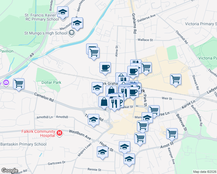 map of restaurants, bars, coffee shops, grocery stores, and more near Hope Street in Falkirk