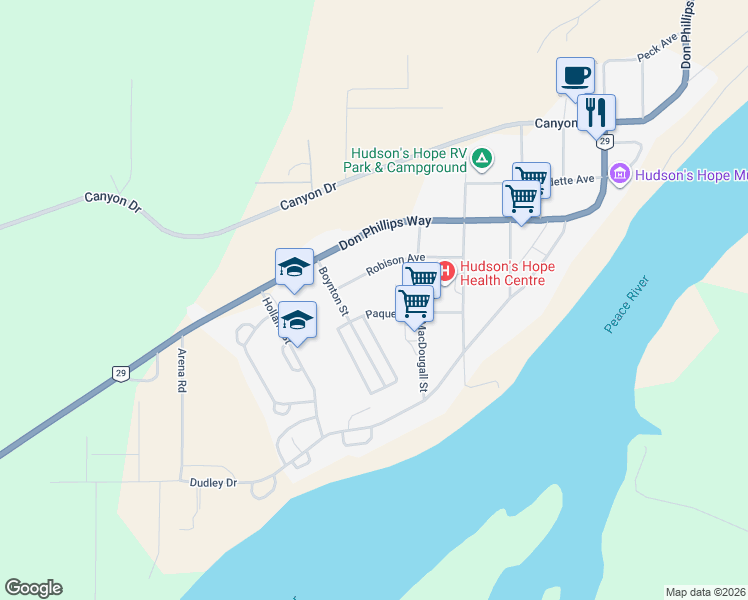map of restaurants, bars, coffee shops, grocery stores, and more near 10109 Paquette Avenue in Hudson's Hope