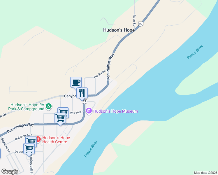 map of restaurants, bars, coffee shops, grocery stores, and more near 9201 Canyon Drive in Hudson's Hope