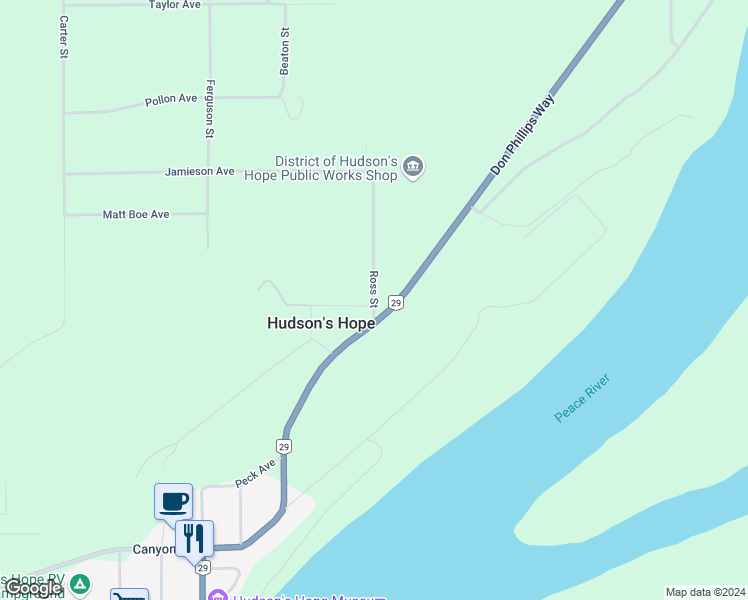 map of restaurants, bars, coffee shops, grocery stores, and more near 11610 Ross Street in Hudson's Hope