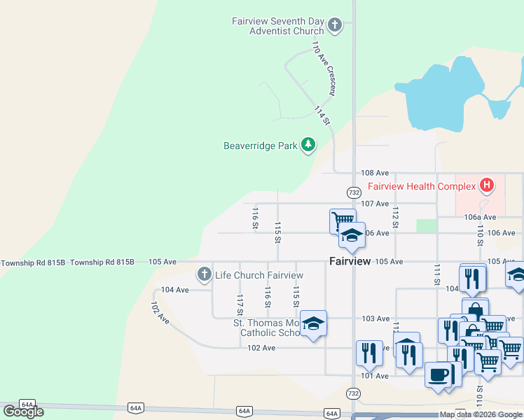 map of restaurants, bars, coffee shops, grocery stores, and more near 11513 107 Avenue Close in Fairview