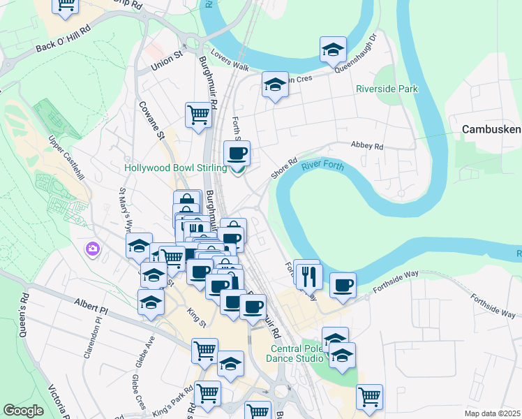 map of restaurants, bars, coffee shops, grocery stores, and more near 1 Forthside Way in Stirling