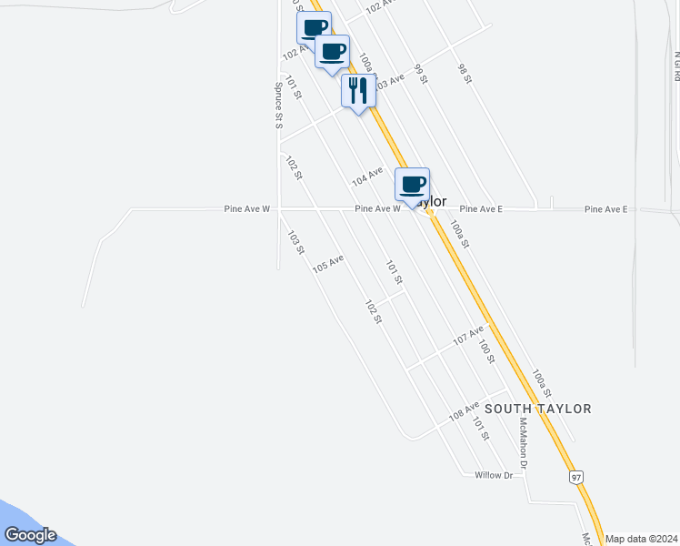 map of restaurants, bars, coffee shops, grocery stores, and more near 10524 103 Street in Taylor