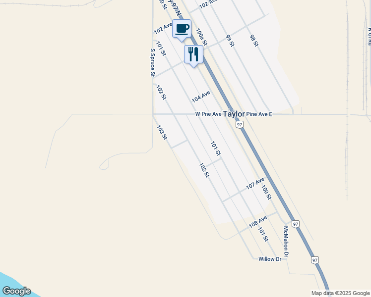 map of restaurants, bars, coffee shops, grocery stores, and more near 10524 103 Street in Taylor