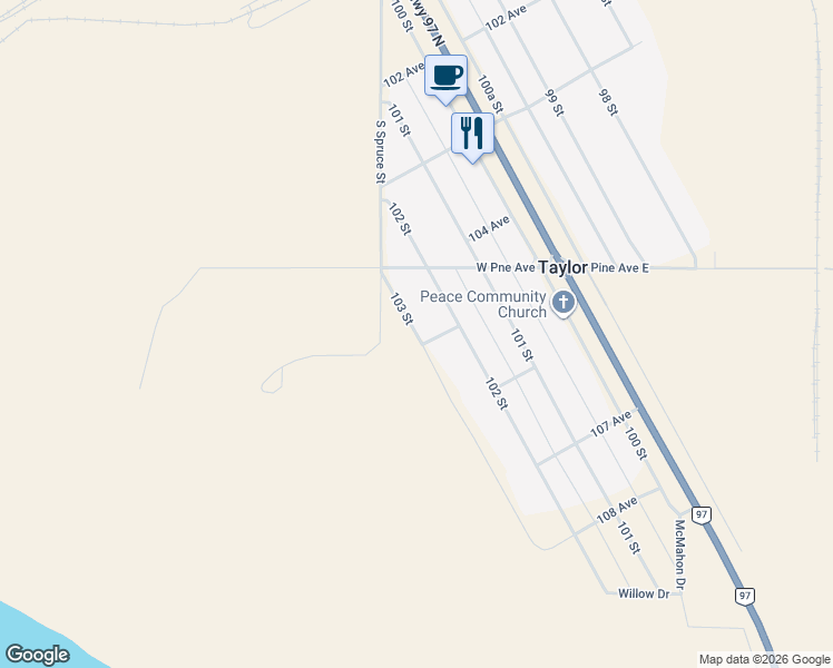 map of restaurants, bars, coffee shops, grocery stores, and more near 10471 103 Street in Taylor
