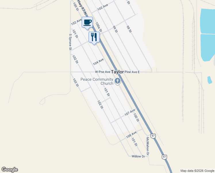 map of restaurants, bars, coffee shops, grocery stores, and more near 10555 101 Street in Taylor