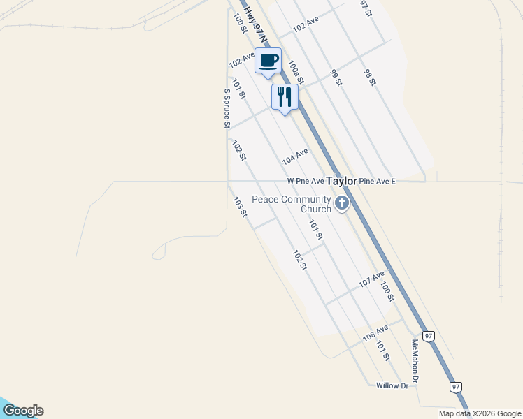 map of restaurants, bars, coffee shops, grocery stores, and more near 10524 102 Street in Taylor