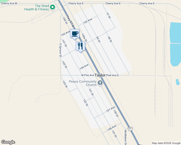 map of restaurants, bars, coffee shops, grocery stores, and more near 10440 100 Street in Taylor