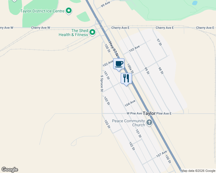 map of restaurants, bars, coffee shops, grocery stores, and more near 10316 100 Street in Taylor