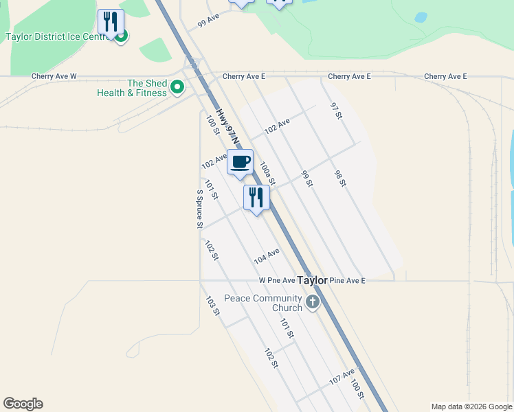 map of restaurants, bars, coffee shops, grocery stores, and more near 10316 100 Street in Taylor