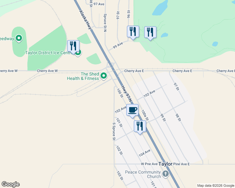 map of restaurants, bars, coffee shops, grocery stores, and more near 10034 100 Street in Taylor