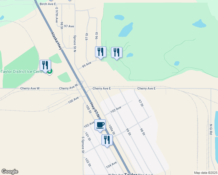 map of restaurants, bars, coffee shops, grocery stores, and more near 9707 99 Street in Taylor