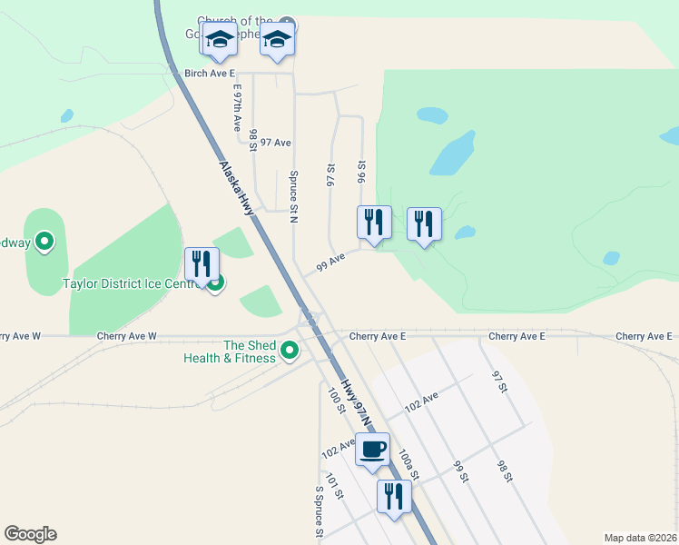 map of restaurants, bars, coffee shops, grocery stores, and more near 9707 99 Avenue in Taylor