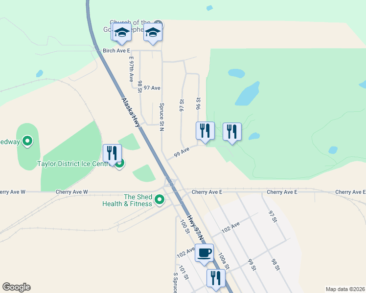 map of restaurants, bars, coffee shops, grocery stores, and more near 10248 97 Street in Taylor