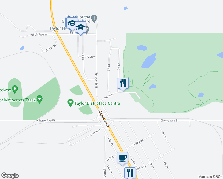 map of restaurants, bars, coffee shops, grocery stores, and more near 9815 97 Street in Taylor