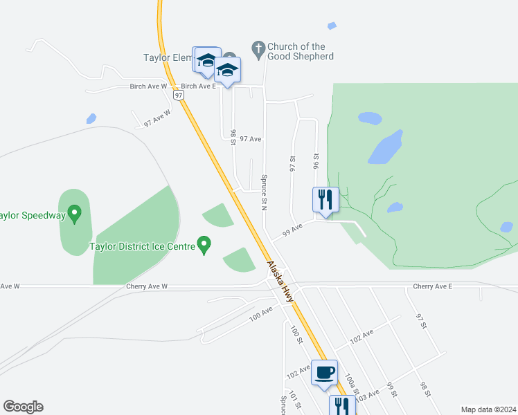 map of restaurants, bars, coffee shops, grocery stores, and more near 9815 97 Street in Taylor