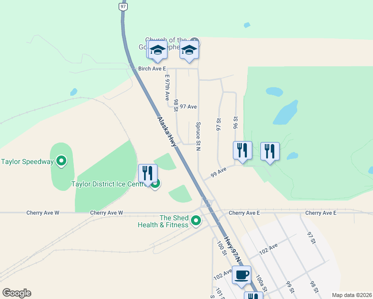 map of restaurants, bars, coffee shops, grocery stores, and more near 9805 East 98th Avenue in Taylor