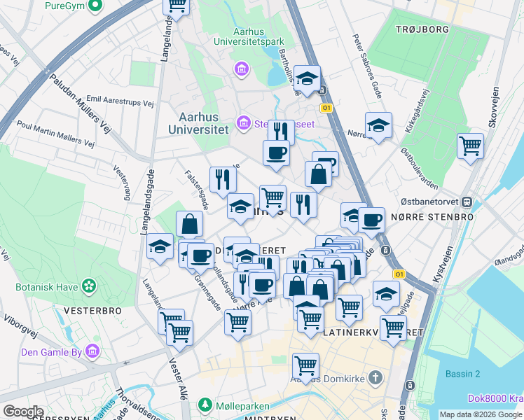 map of restaurants, bars, coffee shops, grocery stores, and more near in Aarhus