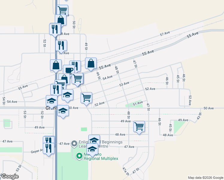 map of restaurants, bars, coffee shops, grocery stores, and more near 4811 54 Avenue in Grimshaw
