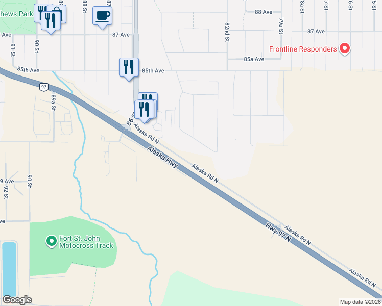 map of restaurants, bars, coffee shops, grocery stores, and more near 8308 Alaska Road North in Fort St. John