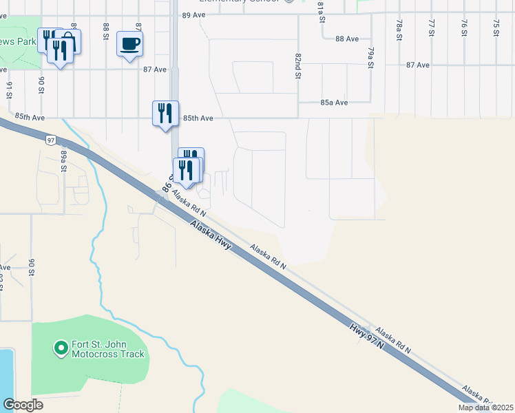 map of restaurants, bars, coffee shops, grocery stores, and more near 8420 Alaska Road in Fort St. John
