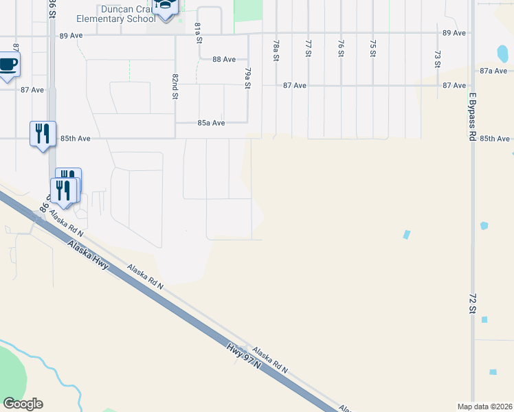 map of restaurants, bars, coffee shops, grocery stores, and more near 8215 79A Street in Fort St. John