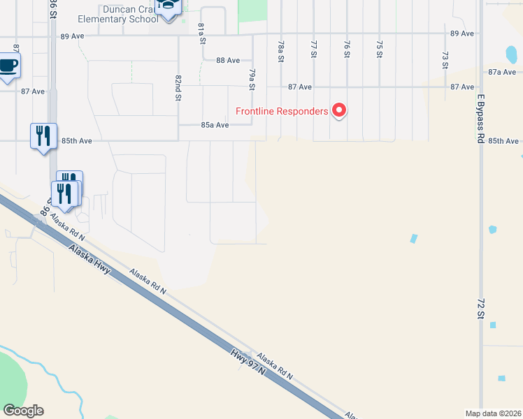 map of restaurants, bars, coffee shops, grocery stores, and more near 8215 79A Street in Fort St. John