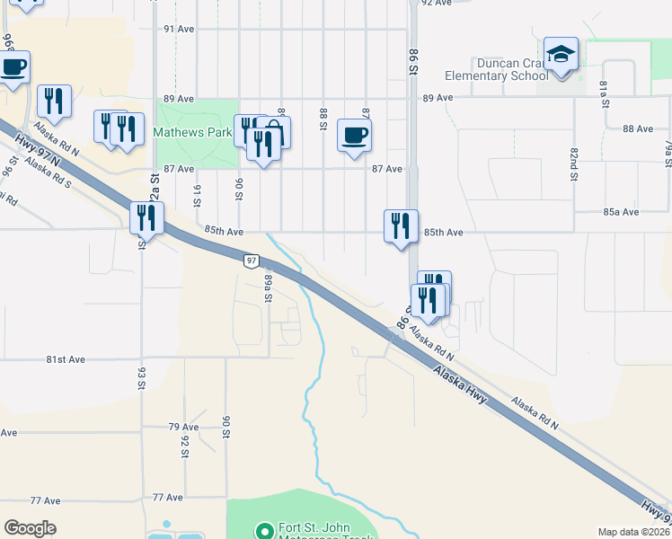 map of restaurants, bars, coffee shops, grocery stores, and more near 8313 88 Street in Fort St. John