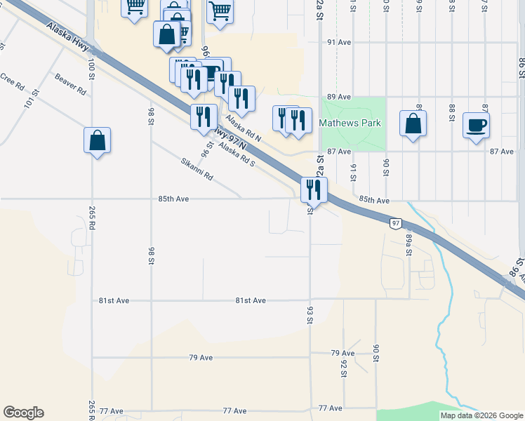 map of restaurants, bars, coffee shops, grocery stores, and more near 9863 85th Avenue in Fort St. John