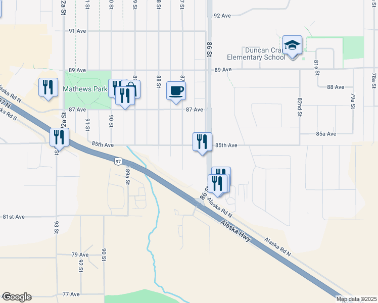map of restaurants, bars, coffee shops, grocery stores, and more near 8413 87 Street in Fort Saint John