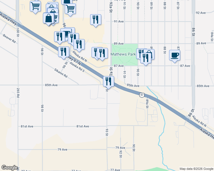 map of restaurants, bars, coffee shops, grocery stores, and more near 10331 Alaska Road in Fort St. John