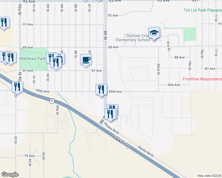 map of restaurants, bars, coffee shops, grocery stores, and more near 8507 86 Street in Fort St. John