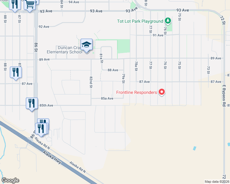 map of restaurants, bars, coffee shops, grocery stores, and more near 8603 81st Street in Fort St. John