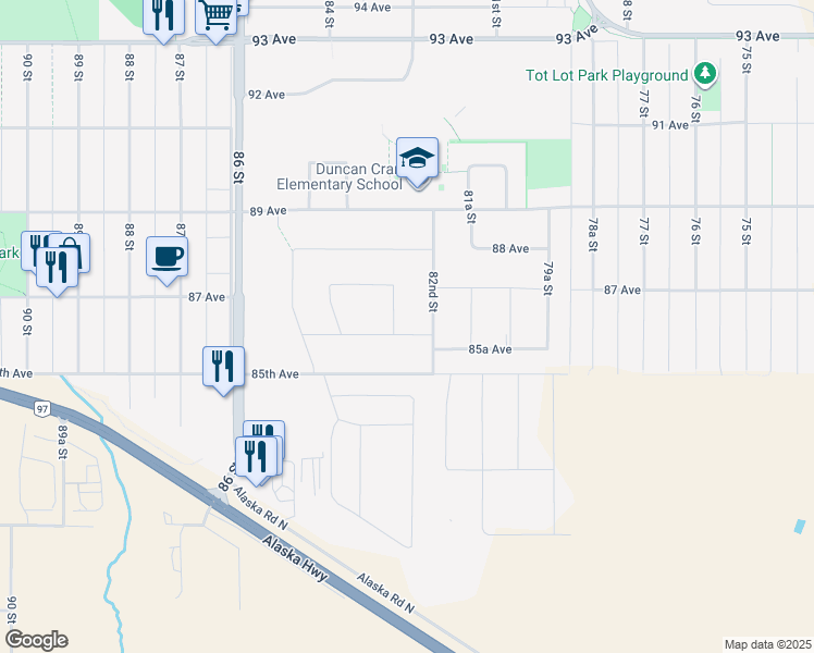 map of restaurants, bars, coffee shops, grocery stores, and more near 8220 86 Avenue in Fort Saint John