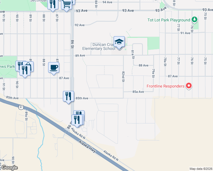 map of restaurants, bars, coffee shops, grocery stores, and more near 8316 86 Avenue in Fort St. John