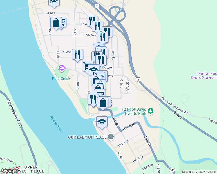 map of restaurants, bars, coffee shops, grocery stores, and more near 10018 101 Street in Peace River