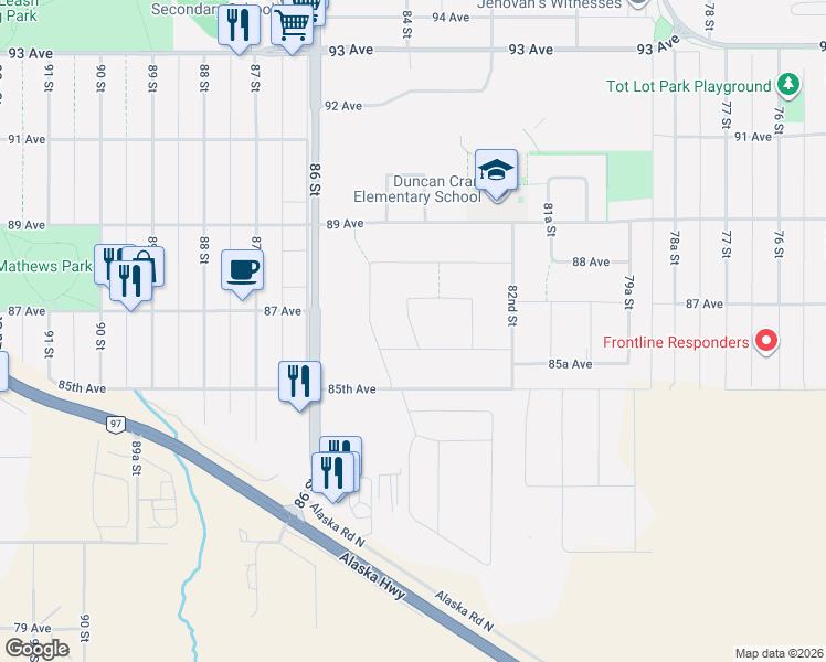map of restaurants, bars, coffee shops, grocery stores, and more near 8630 84 Street in Fort Saint John