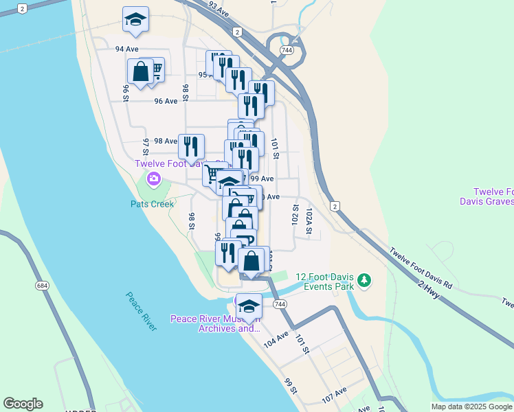 map of restaurants, bars, coffee shops, grocery stores, and more near 10009 100 Avenue in Peace River