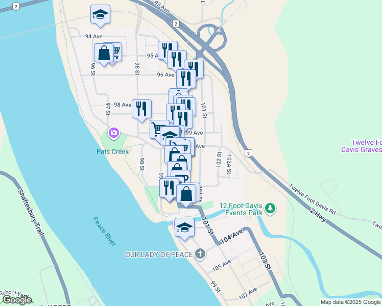 map of restaurants, bars, coffee shops, grocery stores, and more near 10009 100 Avenue in Peace River