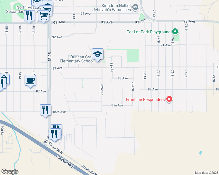 map of restaurants, bars, coffee shops, grocery stores, and more near 8142 87 Avenue in Fort St. John