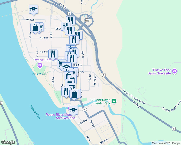 map of restaurants, bars, coffee shops, grocery stores, and more near 10034 102 Street in Peace River