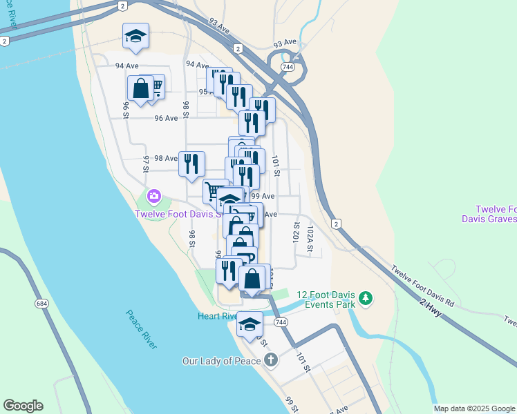 map of restaurants, bars, coffee shops, grocery stores, and more near 10009 100 Avenue in Peace River