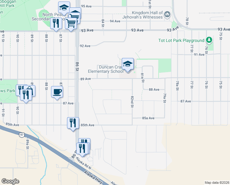 map of restaurants, bars, coffee shops, grocery stores, and more near 8311 88 Avenue in Fort St. John